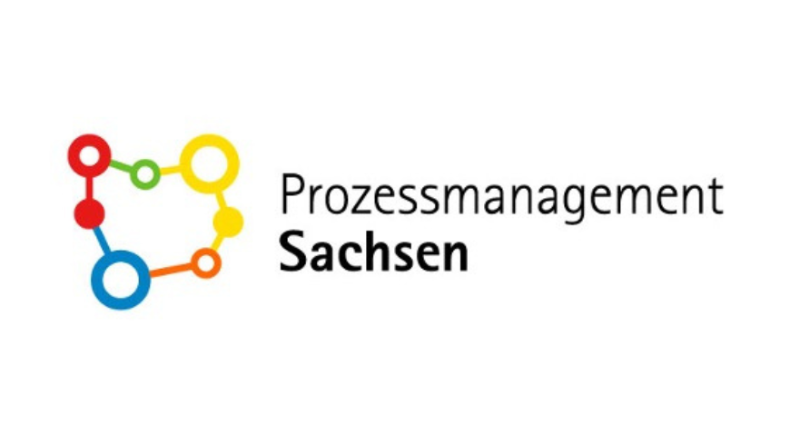 Logo Prozessmanagement-Tag Sachsen, rot gelb grün blau orange Punkte miteinander verbunden